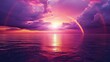 A dramatic sea sunset unfolds, painting the sky with glowing purple clouds and a rainbow, Ai Generated.