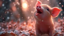 Funny Little Pork Rejoices The First Snow Encounter At Sunrise. Close Up Sunny Portrait Of The Happy Smiling Piglet With Open Mouth Trying To Catch Snowflakes By Its Tongue.