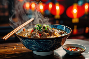 Wall Mural - close-up shot of a steaming hot bowl of beef noodle soup, with a pair of chopsticks resting on the rim of the bowl.