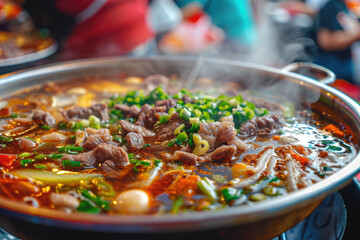 Wall Mural - close-up shot of a bowl of hot pot, with thinly sliced beef, lamb, and vegetables cooking in a spicy broth