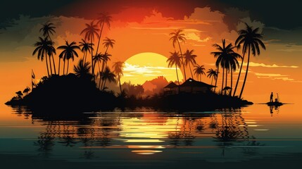 Wall Mural - Orange sunset paints island silhouettes in the evening sky.