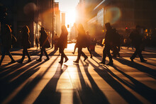 Busy City Life, Crowd of People Crossing Urban Street at Golden Hour. Metropolitan Rush Hour Concept