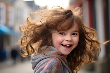 Portrait of a cute little girl with her hair in the wind