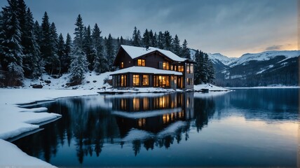 Wall Mural - A house on the lake side on a snowy ice cold winter from Generative AI