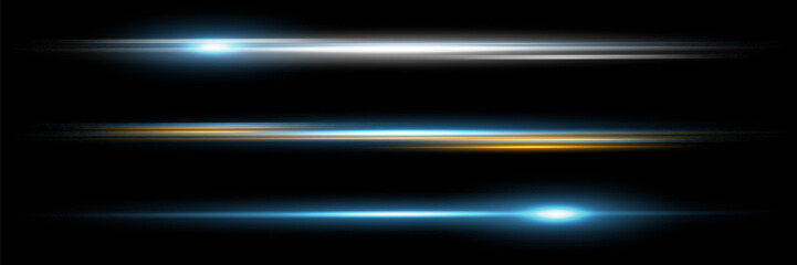 yellow horizontal lens flares pack. Laser beams, horizontal light rays. Beautiful light flares. Glowing streaks on dark background. Luminous abstract sparkling lined background.