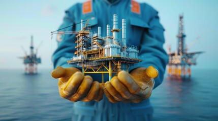 Wall Mural - Engineer holding Oil platform on the hand