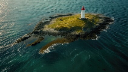 Sticker - A solitary lighthouse stands on a small island amidst the vast ocean.