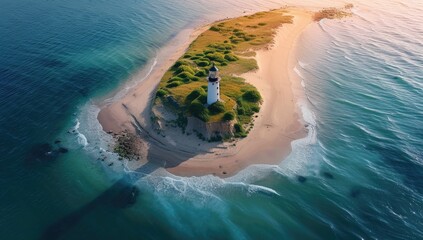 Sticker - A remote island is home to a solitary lighthouse surrounded by the endless ocean.