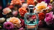A beautiful glass for womens perfume bottle on colorful flowers background from Generative AI