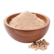pile of finely dry organic fresh raw chickpea protein powder in wooden bowl png isolated on white background. bright colored of herbal, spice or seasoning recipes clipping path. selective focus