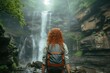 picture of a beautiful young woman in hiking clothes with a backpack on her back walking along a hiking trail near a waterfall Standing and looking at the waterfall in the forest