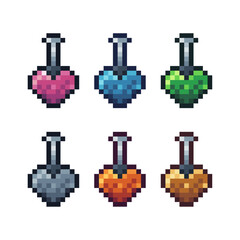 Poster - Pixel art sets icons of love potion sign variations in color. Love potion icon in pixelated style. 8-bit Illustration,for design asset elements, game UIs, and mobile apps,vector icon collection.
