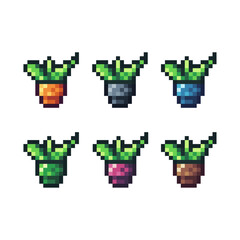 Poster - Pixel art sets icons of plant decoration variations in color. small plant icon in pixelated style. 8-bit Illustration,for design asset elements, game UIs, and mobile apps,vector icon collection.