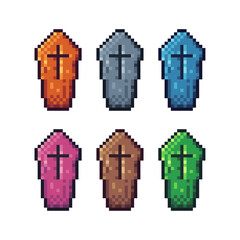 Poster - Pixel art sets icons of Coffin sign variations in color.Coffin dead icon in pixelated style. 8-bit Illustration,for design asset elements, game UIs, and mobile apps,vector icon collection.
