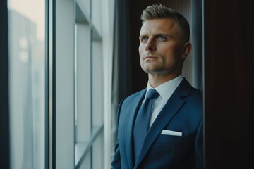 Wall Mural - A professional man in white shirt blue tie and suit stands by the window