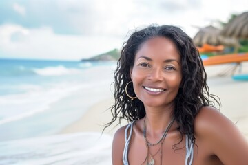 Wall Mural - Smiling attractive beautiful black mature woman posing at the beach looking at the camera