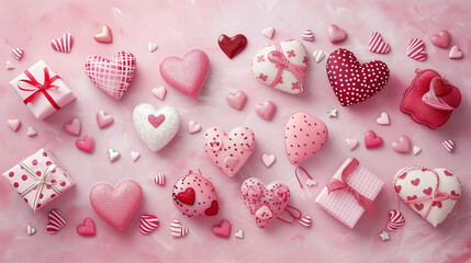 Wall Mural - valentines greeting card with hearts and gifts on pink background
