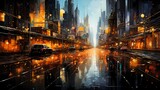 Fototapeta Nowy Jork - A surreal cityscape of neon-lit skyscrapers reflected in a mirror-like lake of liquid gold, against a cosmic canvas of obsidian mystery