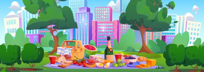 Wall Mural - Picnic in summer city park. Vector cartoon illustration of basket with food and drink, fresh fruit and vegetables on blanket, modern cityscape with skyscrapers, green lawn, bushes and trees, blue sky