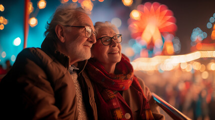 Senior couple enjoying a ride at amusement park at night.