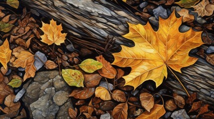 Wall Mural - maple leaves on forest floor with nature patterns with stone and leaf 