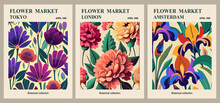Set Of Abstract Flower Market Posters. Trendy Botanical Wall Arts With Floral Design In Bright Colors. Modern Naive Groovy Funky Interior Decorations, Paintings. Vector Art Illustration.