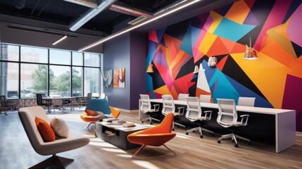 Poster - A modern office with colorful accent walls and artwork