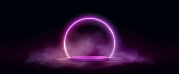 Poster - pink neon glowing circular arch frame with cylinder product podium and smoke over water surface with