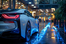 a car charging with blue wires showing, in the style of eco-friendly craftsmanship, outrun, anamorphic lens, heywood hardy, spot metering, handheld, zigzags