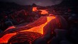 Glowing lava flows in a volcanic eruption