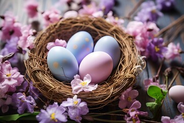  A nest adorned with colorful Easter eggs painted in soft pastel color, surrounded by blossoming flowers on a dark wooden surface