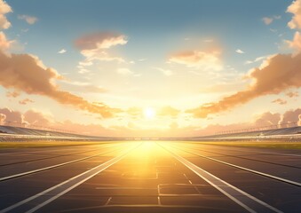 Evening view of a race track with a bright orange sky and the sun shining through the clouds.