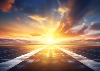 Evening view of a race track with a bright orange sky and the sun shining through the clouds.