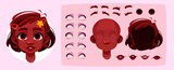 Fototapeta Panele - African girl face construction kit with various eye and lip shape and position, eyebrows and haircut for creation of female kid avatar with different emotions. Cartoon set of child portrait generator.