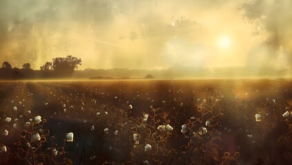 Poster - Serene sunset over a blossoming field, ethereal light spreading warmth. peaceful countryside landscape for tranquil moments. perfect for decor and background use. AI