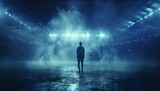 Fototapeta Do akwarium - Mysterious person stands in blue neon lights with a futuristic ambiance. surreal scene, concept art. AI