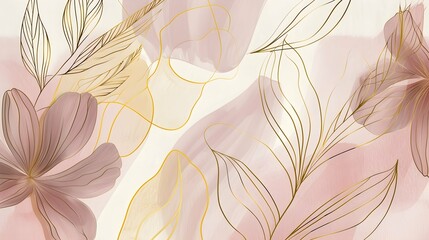 Luxury minimal style wallpaper with golden line art flower and botanical leaves, Organic shapes, and Watercolor