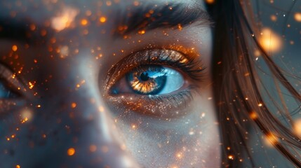 The young woman's gaze pierces through the mystical lights, her eyes revealing a deep spiritual connection and a clairvoyant insight.