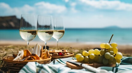 Glasses of white wine and and snacks are served on a table for a picnic with a picturesque beach in the background.