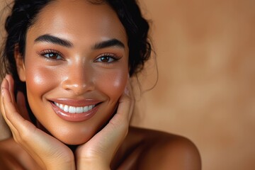 Wall Mural - Smiling biracial woman with dark hair, hands to face, natural make up on brown background