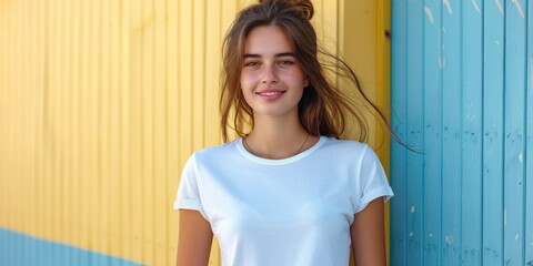 Wall Mural - Young smiling pretty happy cheerful positive woman in blank white t-shirt near color background on street. Mockup for design.