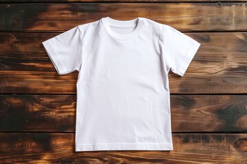White children's t-shirt mockup for logo, text or design on wooden isolated png