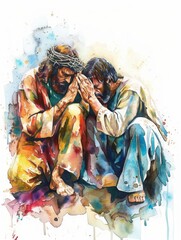 Wall Mural - Prayer and Fellowship: Jesus and James the Greater in Watercolor Art Generative AI