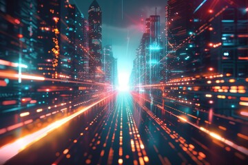 Poster - futuristic cityscape glows with rapid data transfer, enabling lightning-fast communication and conne