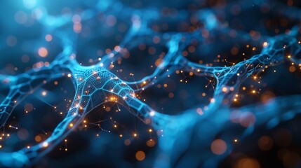 Poster - Blue tech backdrop with a digital grid and linked particles depicting a global data network and artificial neural connections.