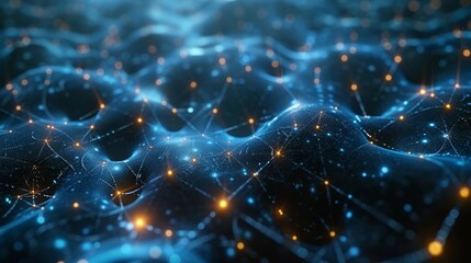 Poster - Blue tech backdrop with a digital grid and linked particles depicting a global data network and artificial neural connections.