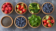 Superfood bowls like berries, greens and seeds. Healthy selection of snacks.