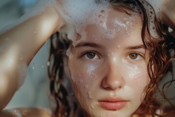 Female washing hair with shampoo in shower