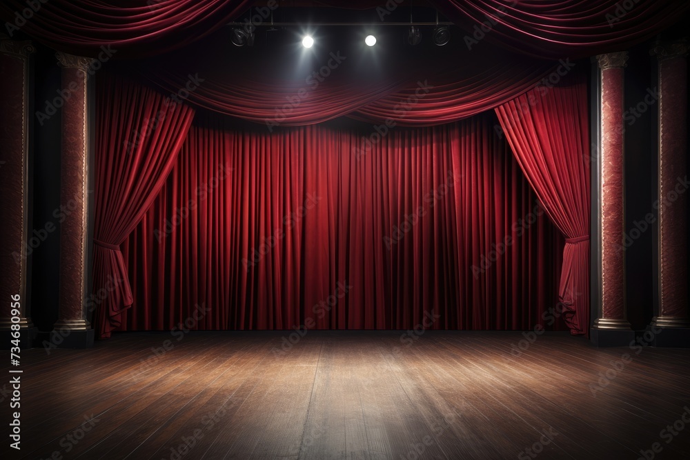 Photo Stock Empty theater stage with red velvet curtains and spotlights ...