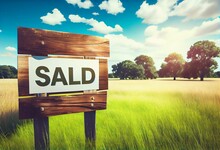 Land For Sale Sold Wooden Placard In The Countryside, Green Field Landscape Background, 3d Illustration. Generative AI